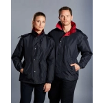 A black varsity jacket with a red collar, displayed on two models, featuring a logo on the chest.