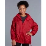 A red kids' outdoor activity spray jacket with a zipped front and elasticised cuffs, featuring a logo.