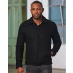 A black men's wool blend corporate jacket with a zip closure, featuring a simple design and a stylish collar.