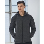 Men's heather bonded fleece jacket in dark grey, featuring a zip front and hood, with a logo on the sleeve.
