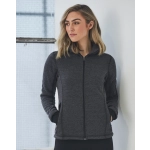 A ladies' heather bonded fleece jacket in dark grey with a zip closure and pockets. The model has a neutral expression.