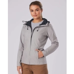 A waterproof performance jacket in light grey with a black hood and adjustable features. It has a subtle logo.