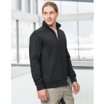 A men's black jacquard fleece jacket with a zip front and high collar, featuring side pockets and a logo.