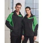 A unisex jacket in black with green accents, featuring a zip and a logo on the chest.