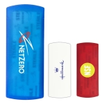 Three bandage dispensers in blue, white, and red, featuring logos but no specific text or markings.