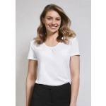 A white women's chic top with short sleeves and a scoop neckline, styled with a black bottom. Features a branding logo.