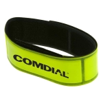 A reflective wristband in bright yellow with a black logo, designed for events and exhibitions.