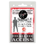 A clear badge holder, 82mm W x 130mm H, featuring a logo and an all-access design with a red and black colour scheme.