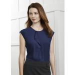 A navy blue women's top featuring a folded ruffle detailing at the front, styled with cap sleeves.