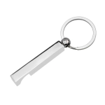 A silver key ring with a bottle opener feature, designed in a sleek rectangular shape with a circular attachment.