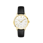 A ladies dress watch featuring a gold case, white dial, and black leather strap, with a logo on the dial.