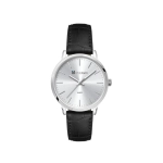 A ladies dress watch featuring a silver dial, black leather strap, and a logo on the face.