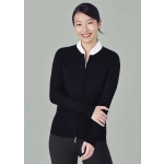 Women&rsquo;s 2-way zip cardigan in black, featuring a sleek design and a white collared shirt underneath.