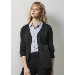 A dark charcoal cardigan with a V-neck and buttons, worn over a light blue shirt, featured on a model.