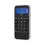 A black and silver calculator with a blue digital display, featuring 10 digits and various function buttons.