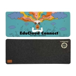 A colorful desk mat featuring a whimsical design with clouds and a central character, in teal and gray colors.