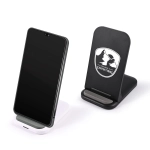 A wireless charger in black and white, with a sleek design and a logo on the black model.