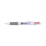 A plastic pen in white with gray grip and three ink colors: red, blue, and green. Features a logo.