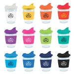 A collection of reusable coffee cups in various colors, featuring transparent bodies and snap lids. Each cup has a logo.