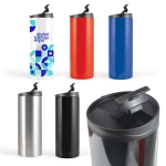 A collection of travel mugs in red, blue, black, silver, and a patterned design, each featuring a lid and spout.