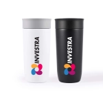 A reusable coffee cup set featuring a white and a black stainless steel design, both with a logo.