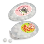 A transparent oval container filled with white sugar-free breath mints, featuring colorful labels with illustrations.