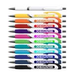 A collection of pens in various colors including white, orange, purple, and blue, featuring a logo on each.
