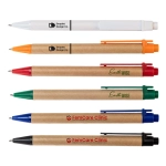 Various pens in white, orange, red, green, and blue, with a cardboard body and branded logos.