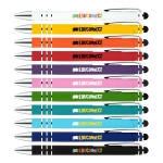 A collection of stylus pens in various colors, featuring a branding logo on each pen.