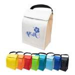 A white cooler lunch bag with a logo, surrounded by colorful cooler bags in yellow, orange, red, green, blue, and black.