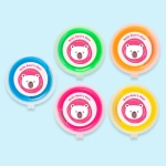 Five containers of colorful putty in blue, green, orange, pink, and yellow, each with a logo on the lid.