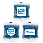A clear bag containing blue mini jelly beans with a logo on the front. Three bags displayed together.