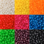 A grid of colorful jelly beans in various shades, including white, yellow, orange, red, pink, blue, green, purple, and black.