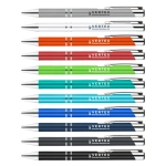A collection of metal pens in various colors, including gray, white, orange, green, blue, and black, featuring a logo.