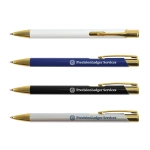 A collection of metal pens in white, blue, black, and silver, each featuring gold trim and a logo.