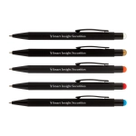 A set of five stylus pens in black, featuring a white, gold, red, and blue tip, each with a logo.