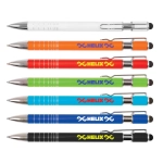A set of stylus pens in varying colors: white, orange, green, blue, and black, featuring a logo.