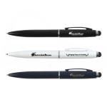 Three metal pens are displayed: one black, one white, and one navy, each featuring branding.
