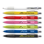 A set of plastic pens in white, yellow, pink, green, blue, and black, each with a logo.