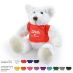 A plush teddy bear in white with a red T-shirt, featuring a logo. Various other T-shirt colours are displayed nearby.