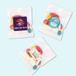Assorted jelly candies in colorful shapes, packaged in clear cello bags with various labels.