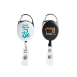 A premium retractable ID badge holder in silver with two different colored sides, featuring logos and clips.