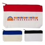 A collection of three pencil cases in red, blue, and black, featuring a logo on one case.