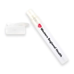A clear liquid hand sanitiser stick with a white cap and branding on the side.