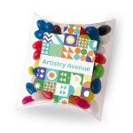 Assorted mini jelly beans in various colors, packaged in a transparent pillow pack with a decorative label.