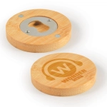 A drink bottle opener coaster made of natural bamboo with a silver opener and a branded logo on one side.