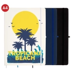A set of A4 notebooks in white, blue, and black, featuring a tropical beach design on the white cover.