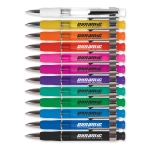 A collection of colorful plastic pens arranged in a row, featuring various vibrant colors and a logo.