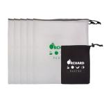 A set of five drawstring produce bags in white and one smaller black pouch, featuring a logo.
