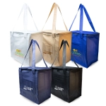 A collection of insulated cooler bags in white, gold, blue, navy, and black, featuring various logos.